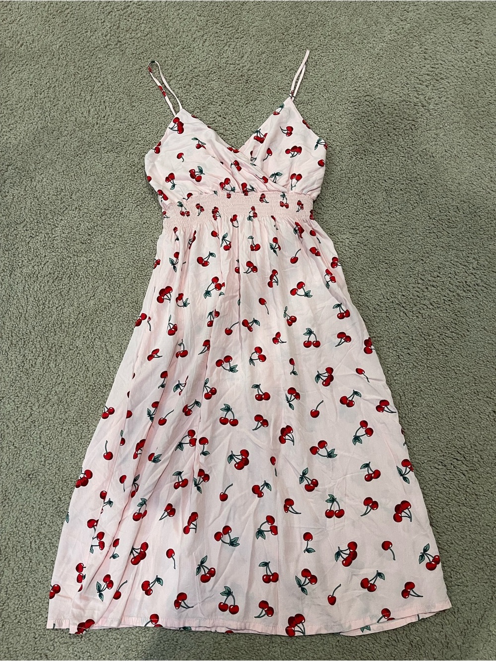 Summer Trendy Boho Cherry Print Spaghetti Midi Dress Large